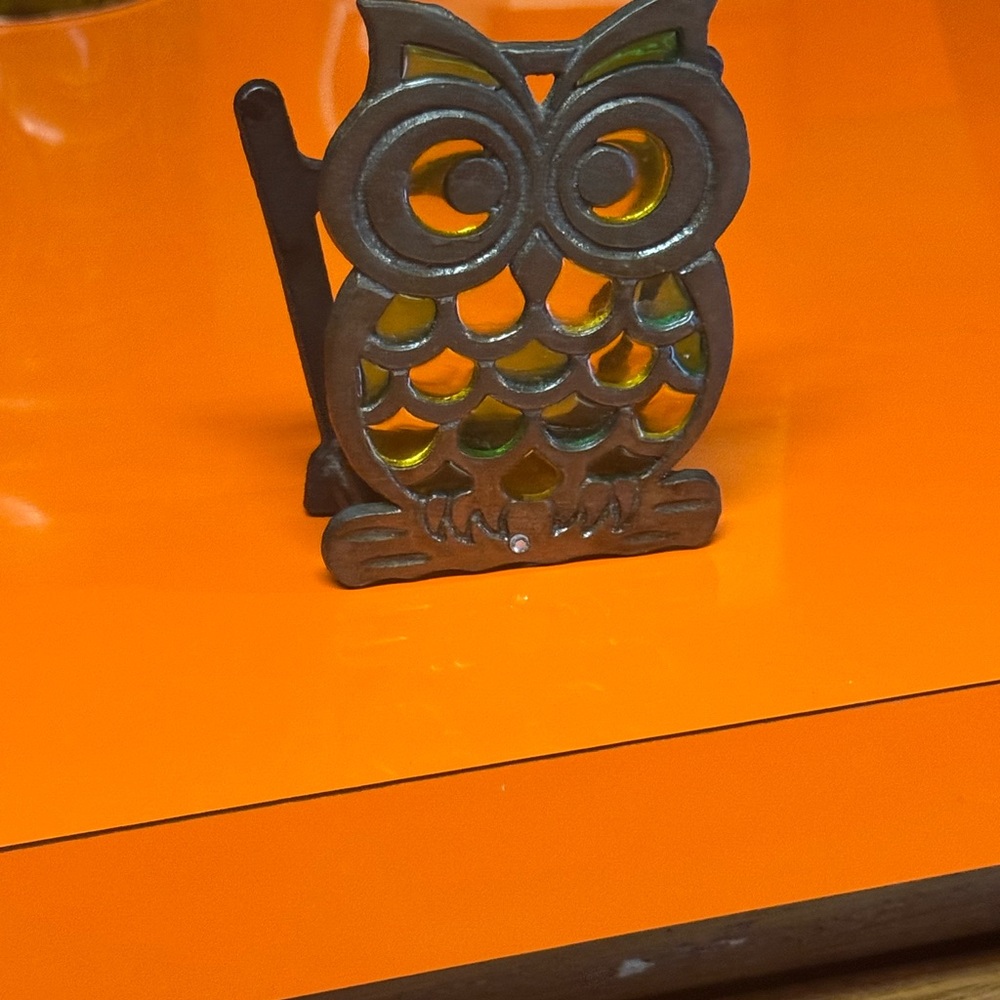 Vintage 1960s-70s Owl Stained Glass Cast Iron Napkin Holder Retro 5.5" - Picture 4 of 8